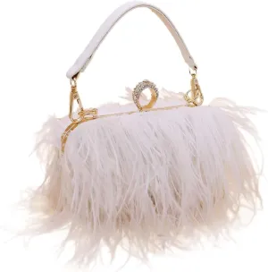 Women Fluffy Ostrich Feather Evening Dress Clutch Bag Purse Shoulder Bag