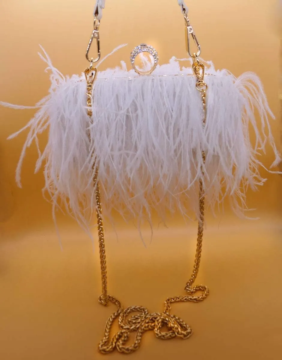 Women Fluffy Ostrich Feather Evening Dress Clutch Bag Purse Shoulder Bag
