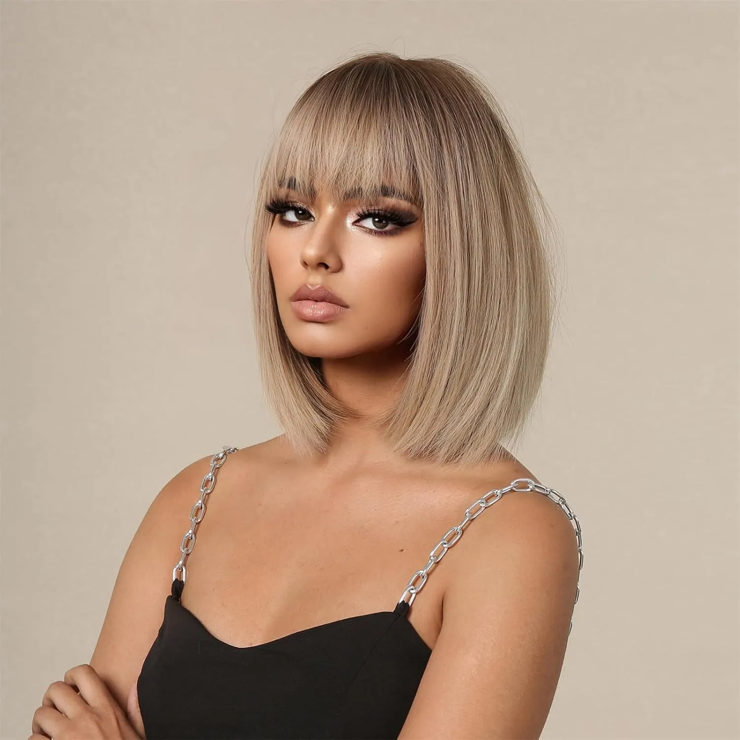 Women Light Blonde Bob Wigs with Bangs Short Ombre Blonde Wig with Brown Roots Natural Straight Wig Shoulder Length Synthetic Natural Looking Wigs