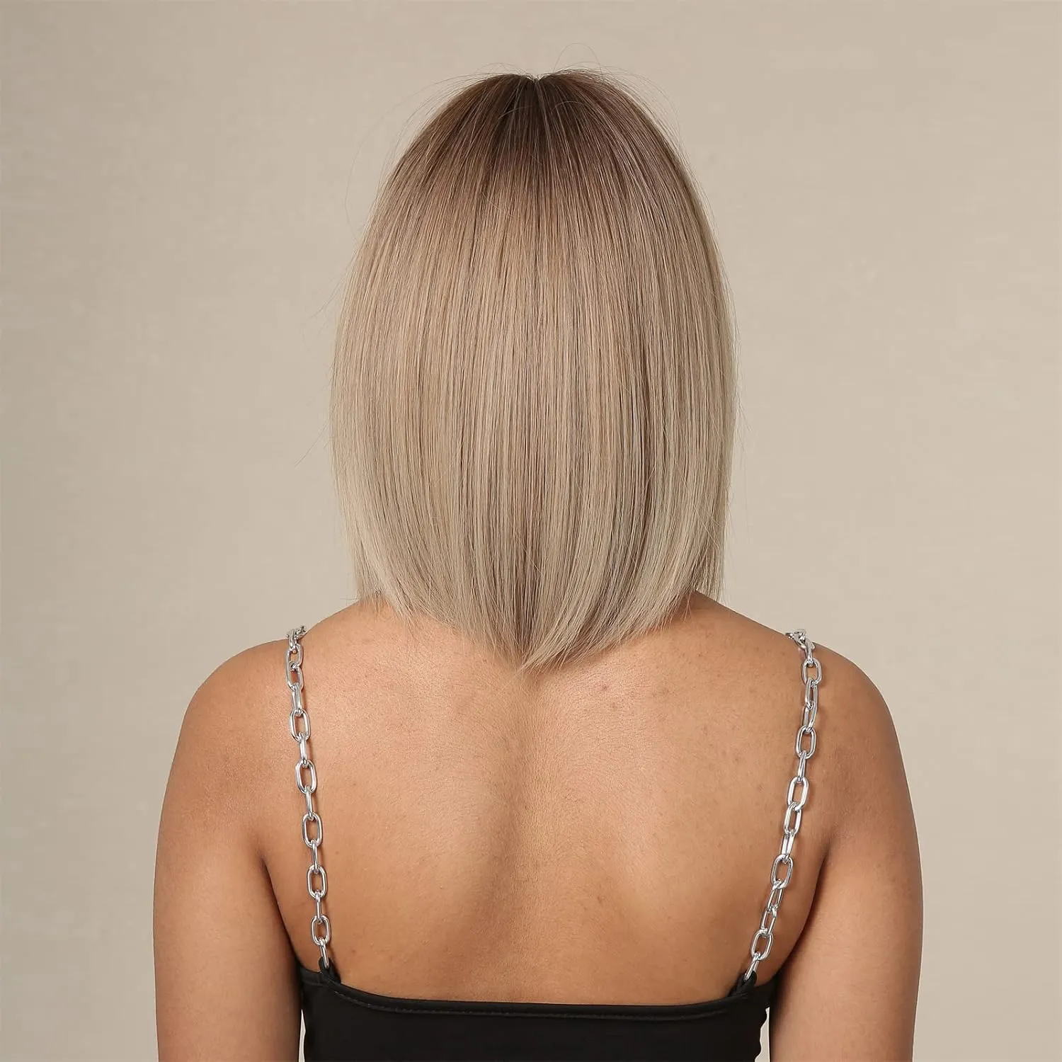 Women Light Blonde Bob Wigs with Bangs Short Ombre Blonde Wig with Brown Roots Natural Straight Wig Shoulder Length Synthetic Natural Looking Wigs