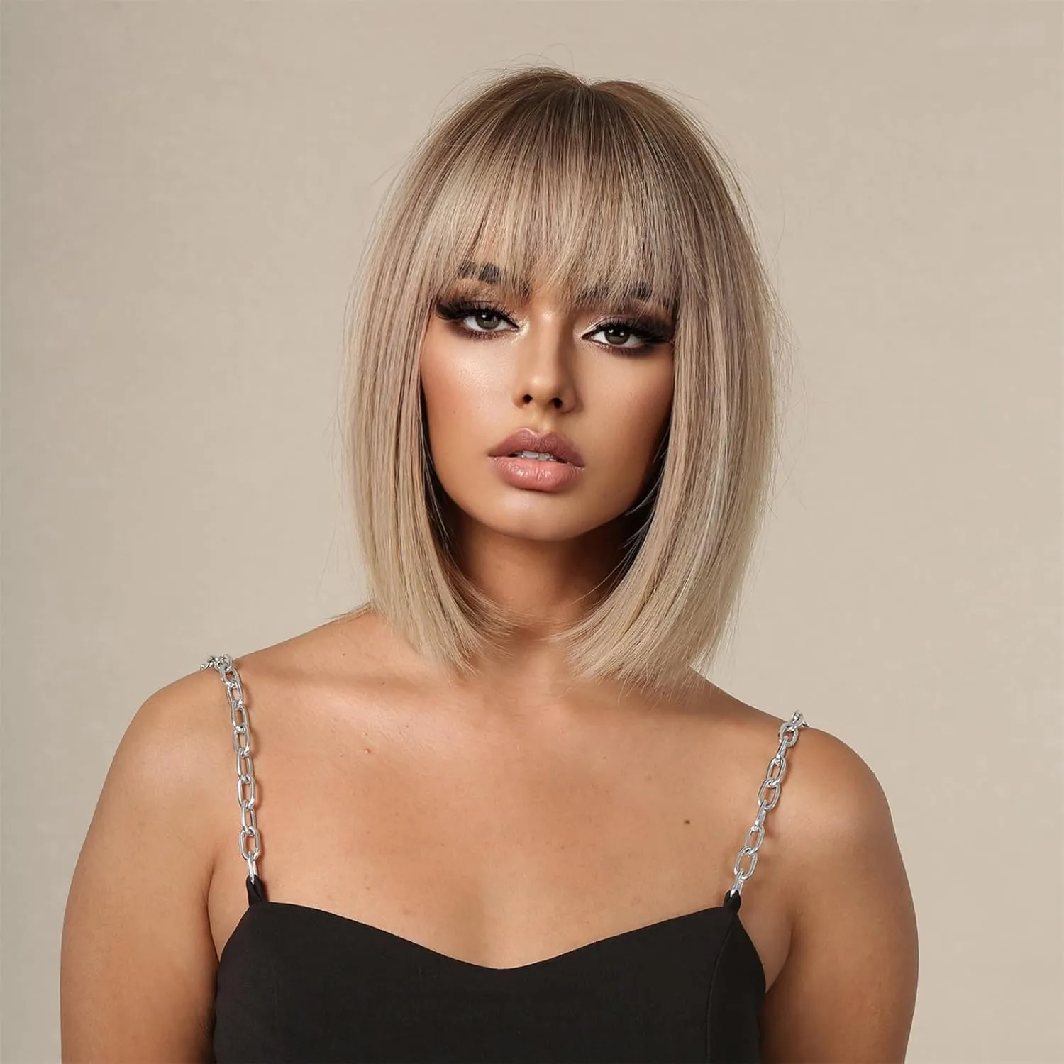 Women Light Blonde Bob Wigs with Bangs Short Ombre Blonde Wig with Brown Roots Natural Straight Wig Shoulder Length Synthetic Natural Looking Wigs