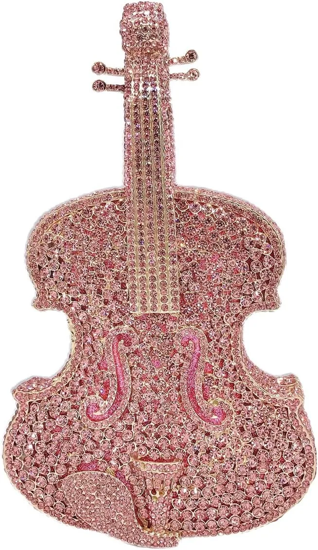 Women Mini Violin Evening Bag Sparkling Rhinestones Clutch Wedding Party Banquet Purse