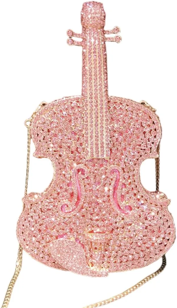 Women Mini Violin Evening Bag Sparkling Rhinestones Clutch Wedding Party Banquet Purse