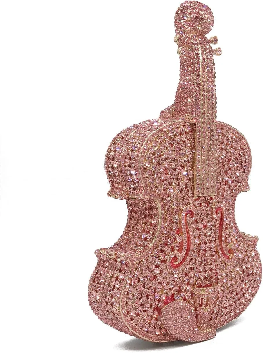 Women Mini Violin Evening Bag Sparkling Rhinestones Clutch Wedding Party Banquet Purse