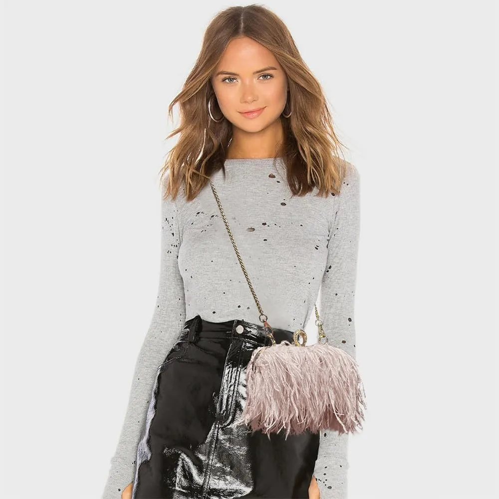 Women Ostrich Feather Purse Ostrich Tote Bag Fluffy Feather Purse Fringe Clutch Evening Handbag for Party Prom Champagne