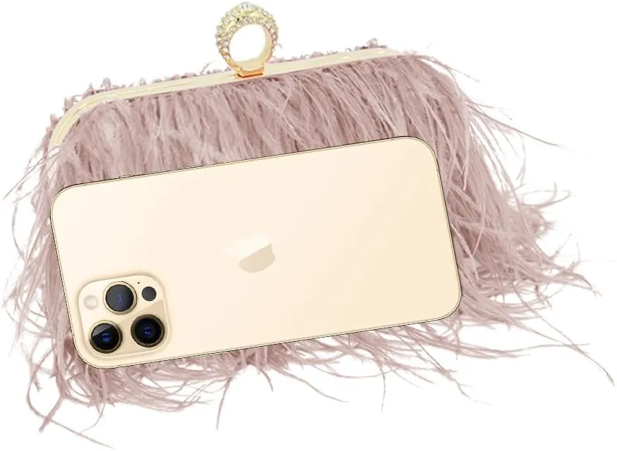 Women Ostrich Feather Purse Ostrich Tote Bag Fluffy Feather Purse Fringe Clutch Evening Handbag for Party Prom Champagne