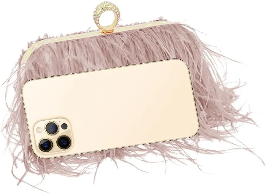 Women Ostrich Feather Purse Ostrich Tote Bag Fluffy Feather Purse Fringe Clutch Evening Handbag for Party Prom Champagne