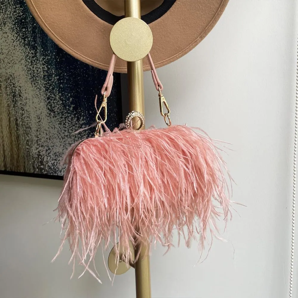 Women Ostrich Feather Purse Ostrich Tote Bag Fluffy Feather Purse Fringe Clutch Evening Handbag for Party Prom Pink