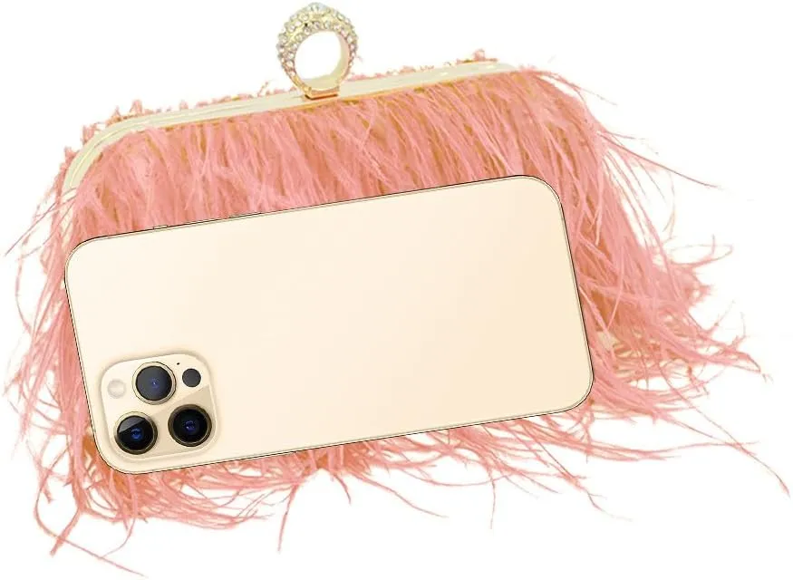 Women Ostrich Feather Purse Ostrich Tote Bag Fluffy Feather Purse Fringe Clutch Evening Handbag for Party Prom Pink