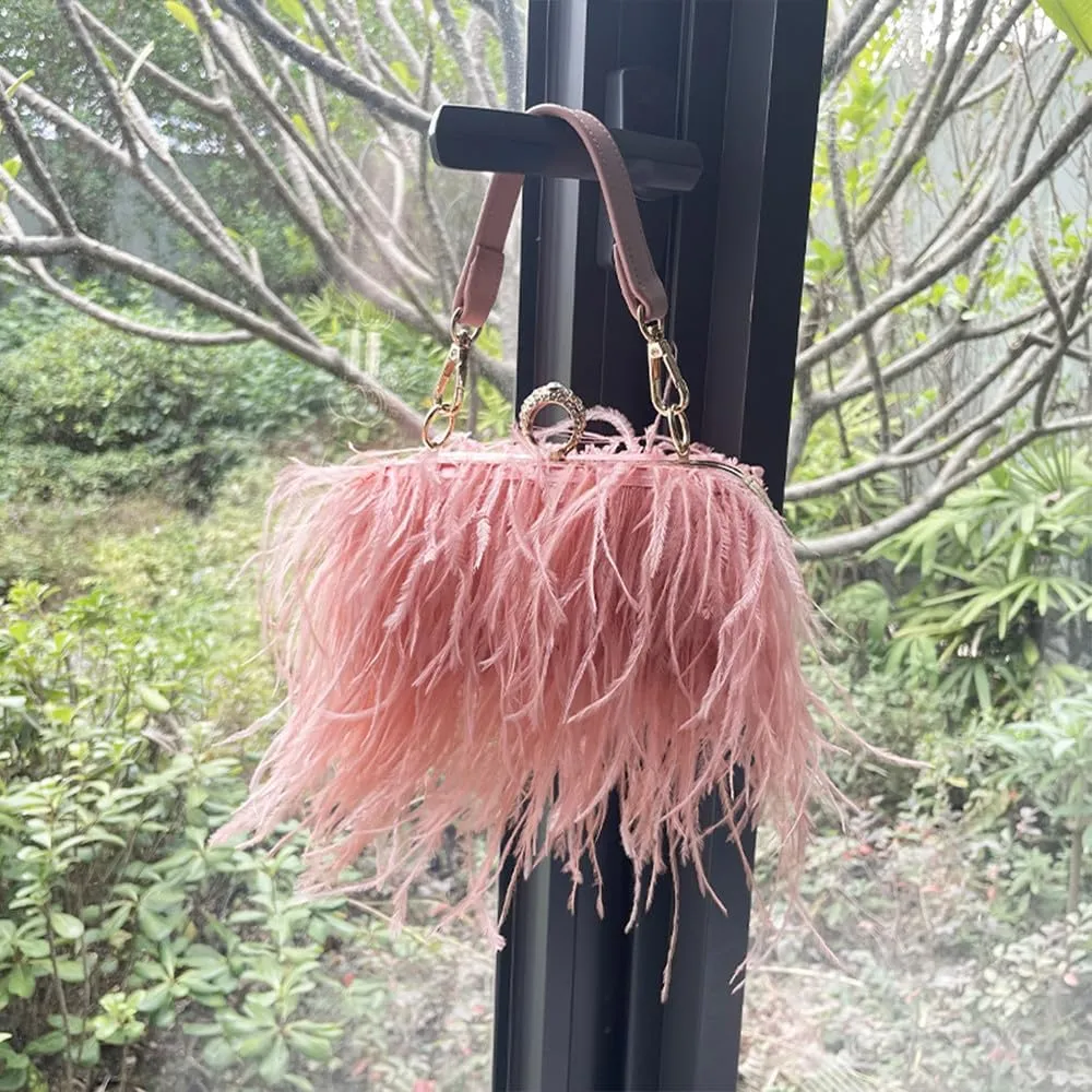 Women Ostrich Feather Purse Ostrich Tote Bag Fluffy Feather Purse Fringe Clutch Evening Handbag for Party Prom Pink