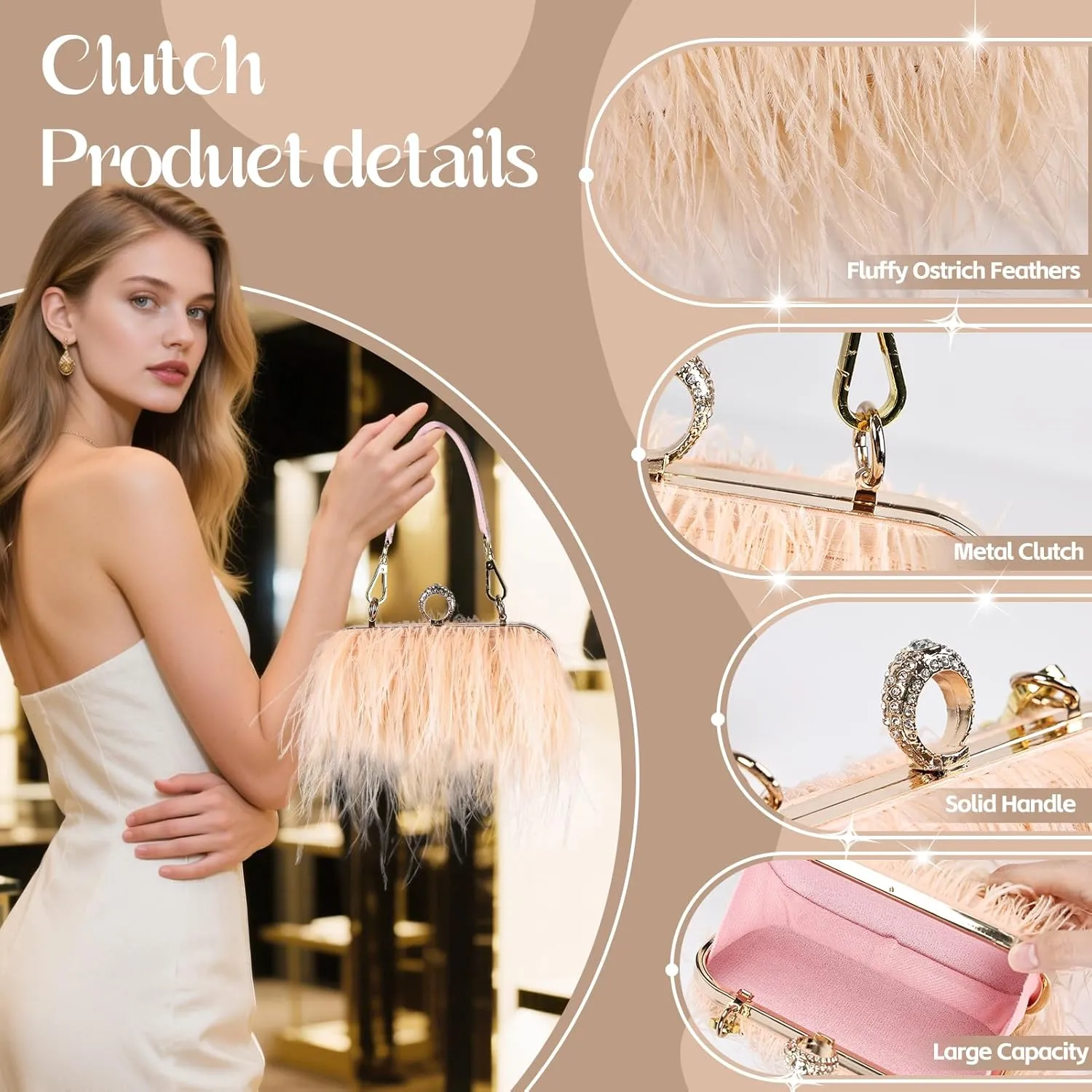 Women Ostrich Feather Tote Bag Fluffy Purse Clutch Feather Shoulder Crossbody Bag Evening Handbag for Wedding Party