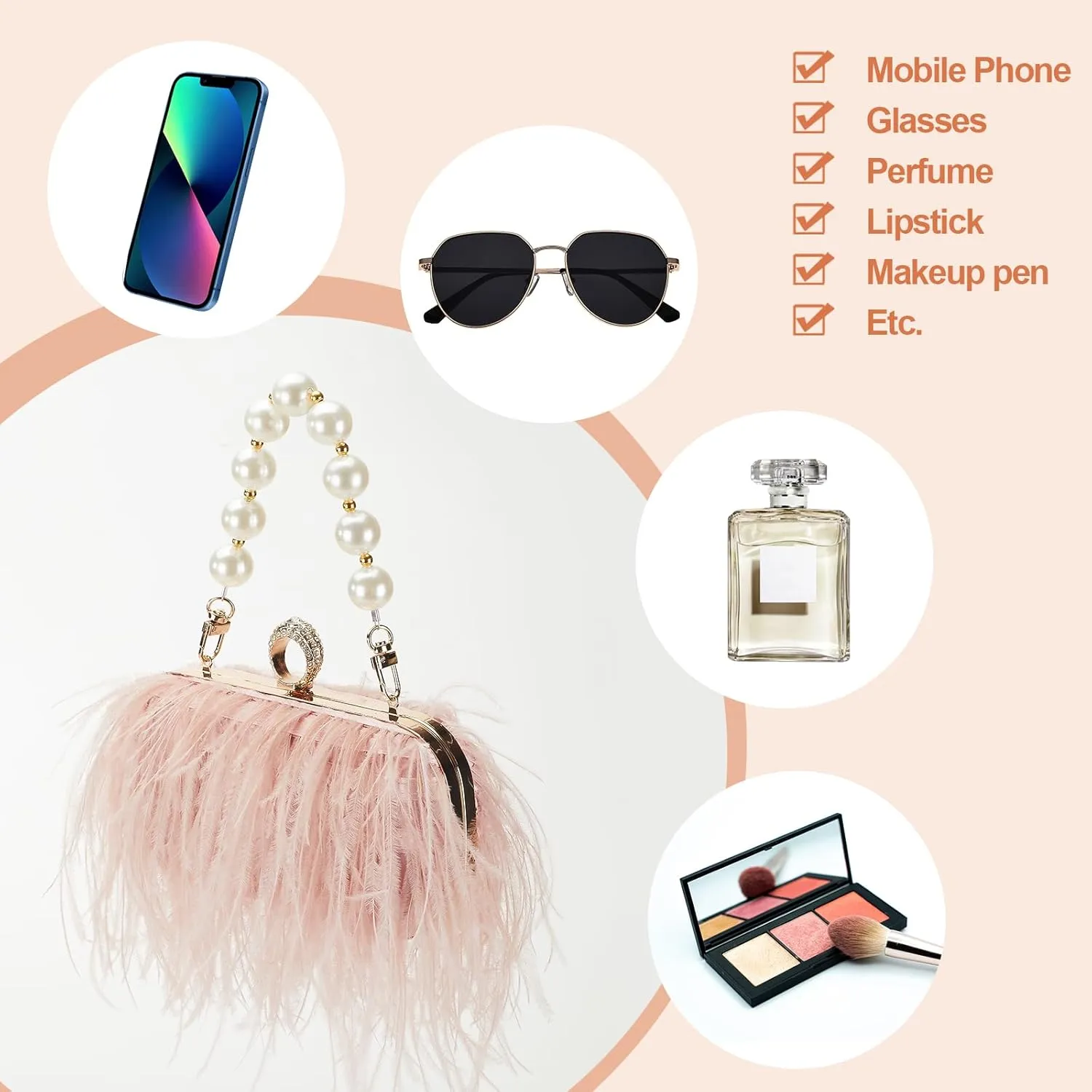 Women Pure Natural Ostrich Feather Fluffy Evening Clutch Purse Suitable for Party,Wedding,Tea Party Clutch Handbag