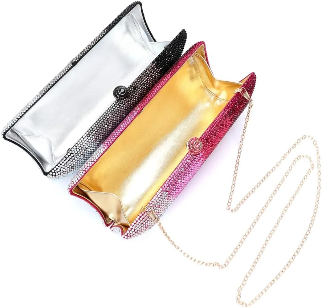 Women Rhinestone Gradient Evening Handbag Sparkling Long Clutch Glitter Diamond Party Cocktail Crossbody Purse
