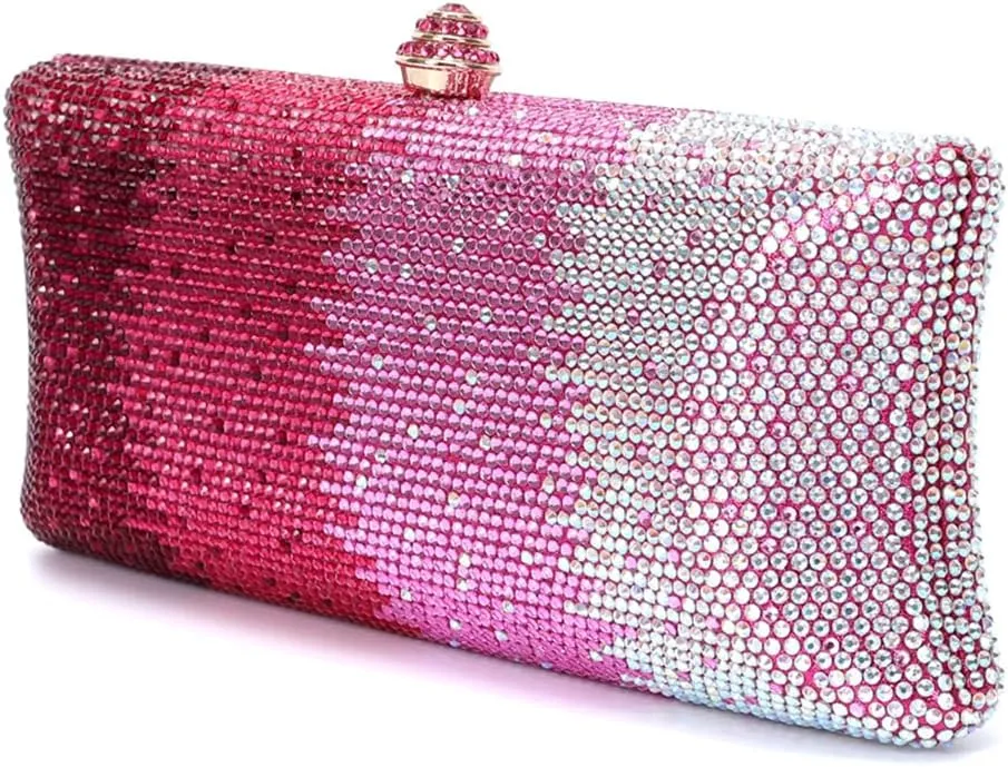 Women Rhinestone Gradient Evening Handbag Sparkling Long Clutch Glitter Diamond Party Cocktail Crossbody Purse