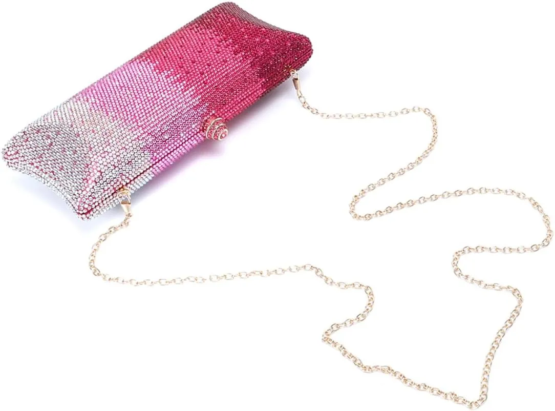Women Rhinestone Gradient Evening Handbag Sparkling Long Clutch Glitter Diamond Party Cocktail Crossbody Purse