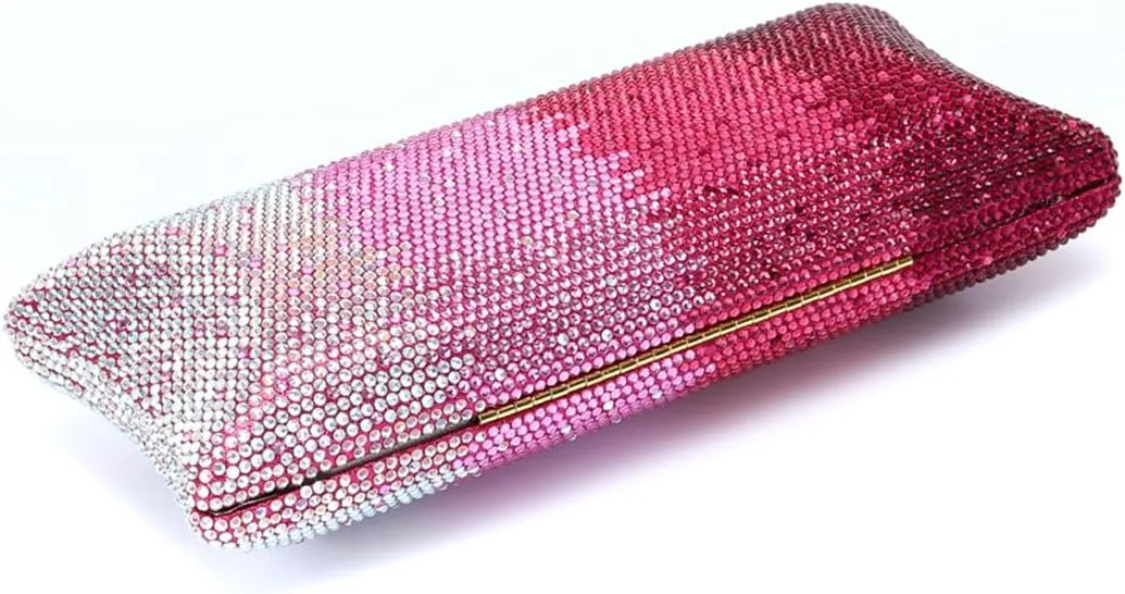 Women Rhinestone Gradient Evening Handbag Sparkling Long Clutch Glitter Diamond Party Cocktail Crossbody Purse