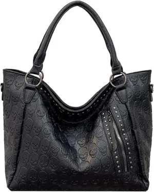 Women Skull Large Tote Bag Rivet Studded Handbag PU Leather Gothic Purse Printing Shoulder Bag Punk Satchel Black