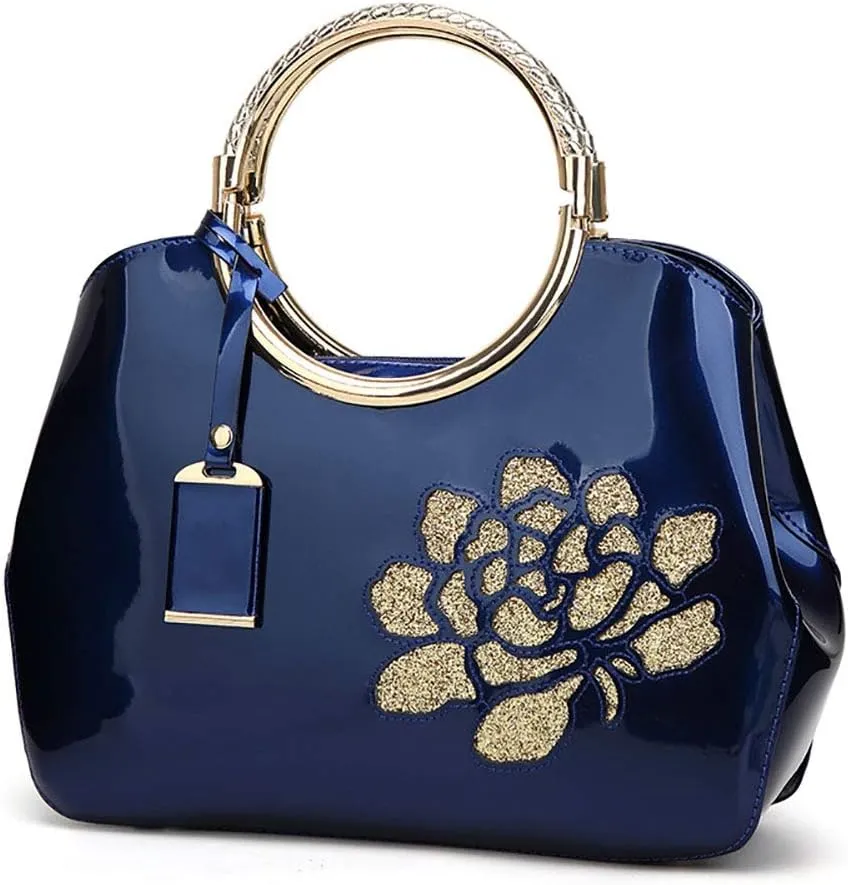 Women Tote, Patent Leather Handbag, Elegant Top Handle Bag Flower Embroidery Satchel