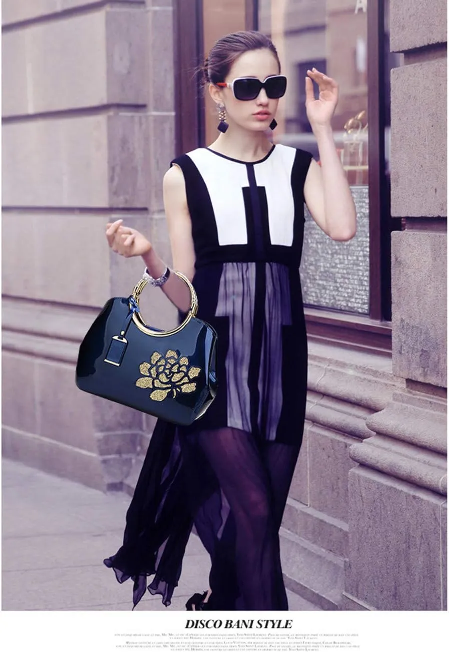 Women Tote, Patent Leather Handbag, Elegant Top Handle Bag Flower Embroidery Satchel