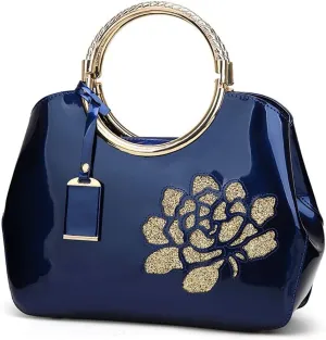Women Tote, Patent Leather Handbag, Elegant Top Handle Bag Flower Embroidery Satchel