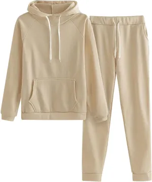 Women's Casual Solid Hooded Drawstring Loose Long Sleeve Sweatshirt Tops And Long Pants Set Suits