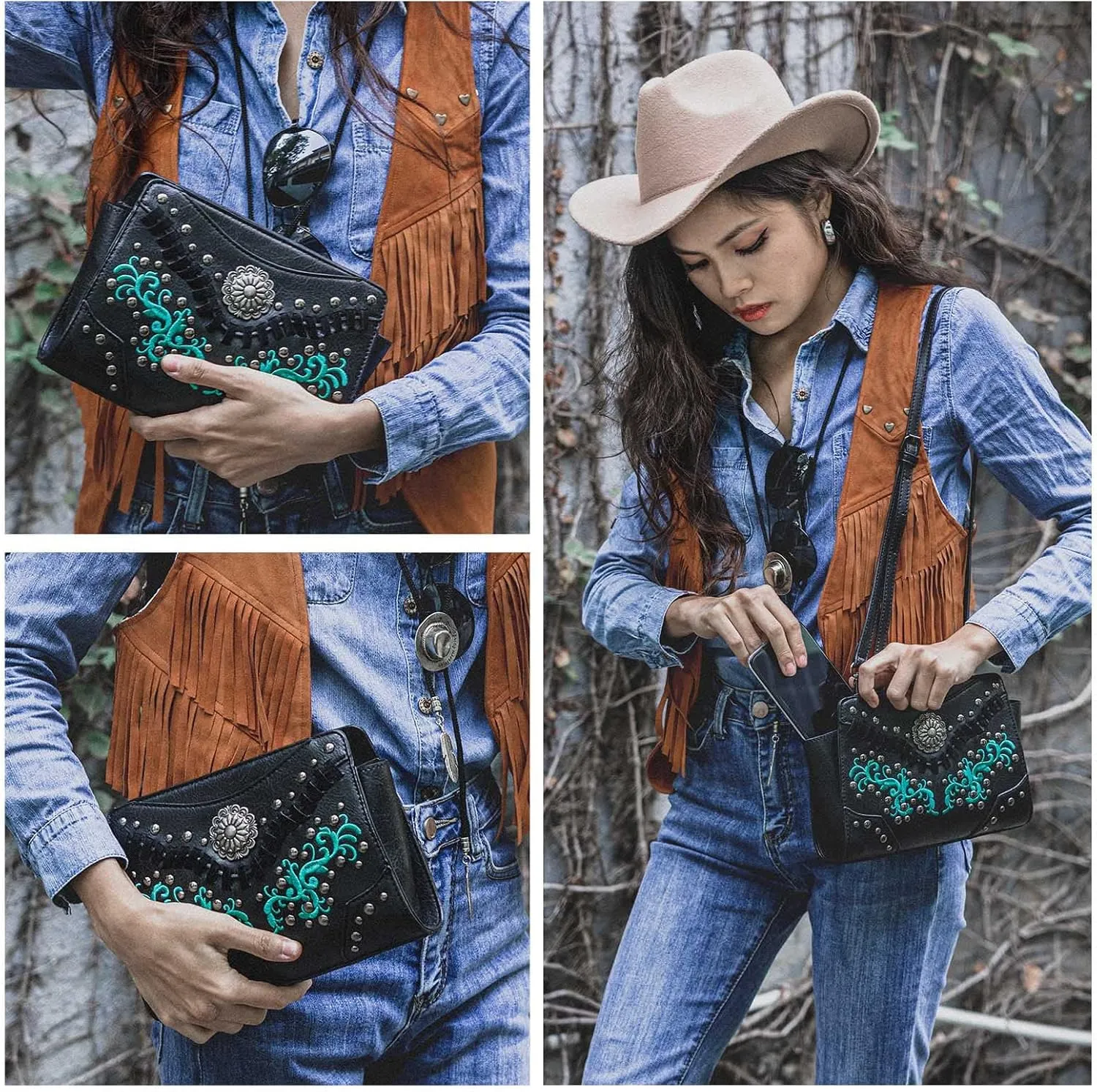 Women's Crossbody Handbag Small Vintage, Ladies Wallet Western Adjustable Phone Purse Clutch Turquoise Concho Embossed