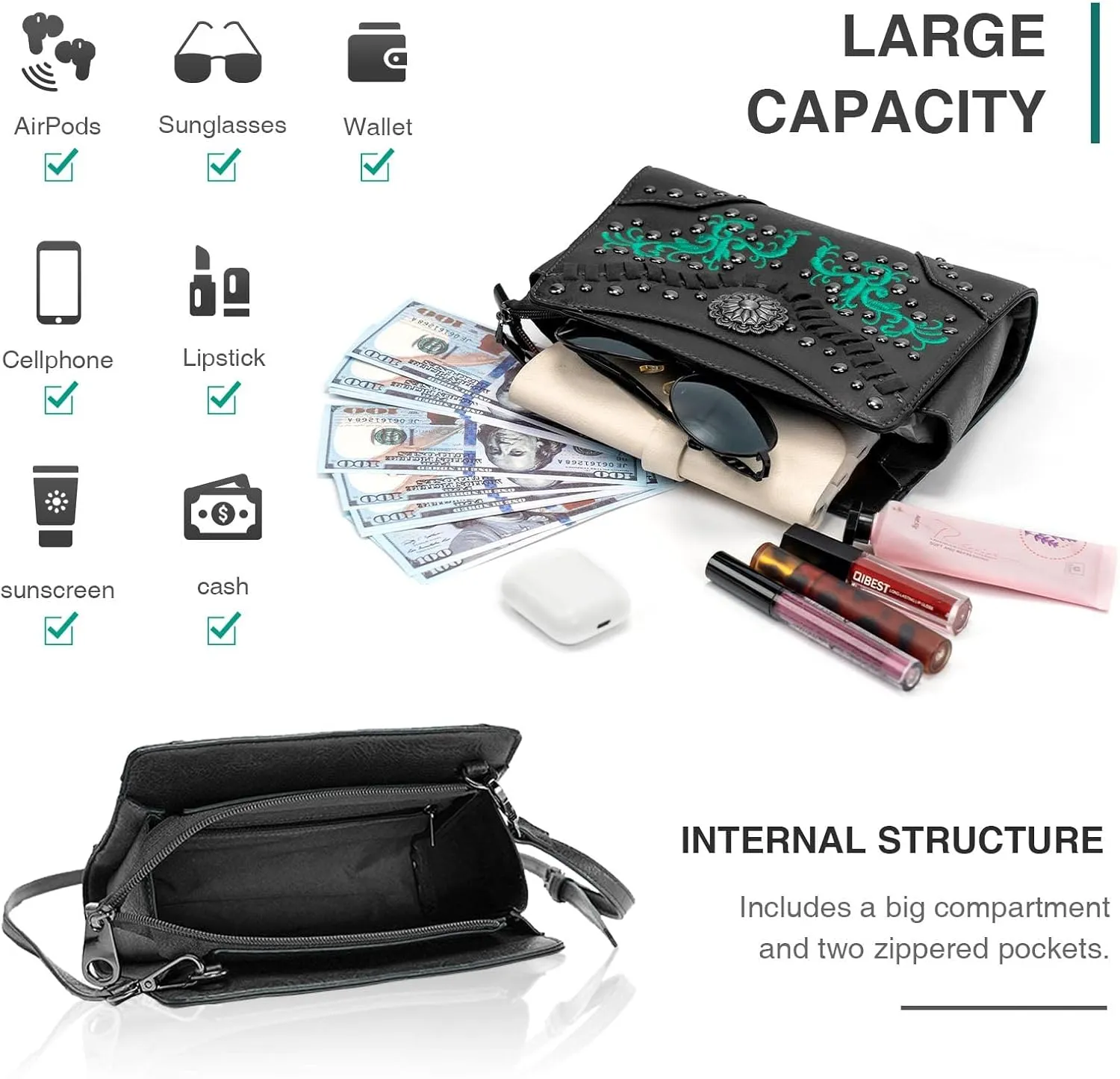 Women's Crossbody Handbag Small Vintage, Ladies Wallet Western Adjustable Phone Purse Clutch Turquoise Concho Embossed