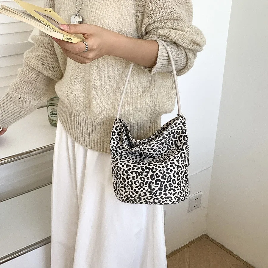 Women's Cylinder Leopard Print Stitching Design Portable Shoulder Bags