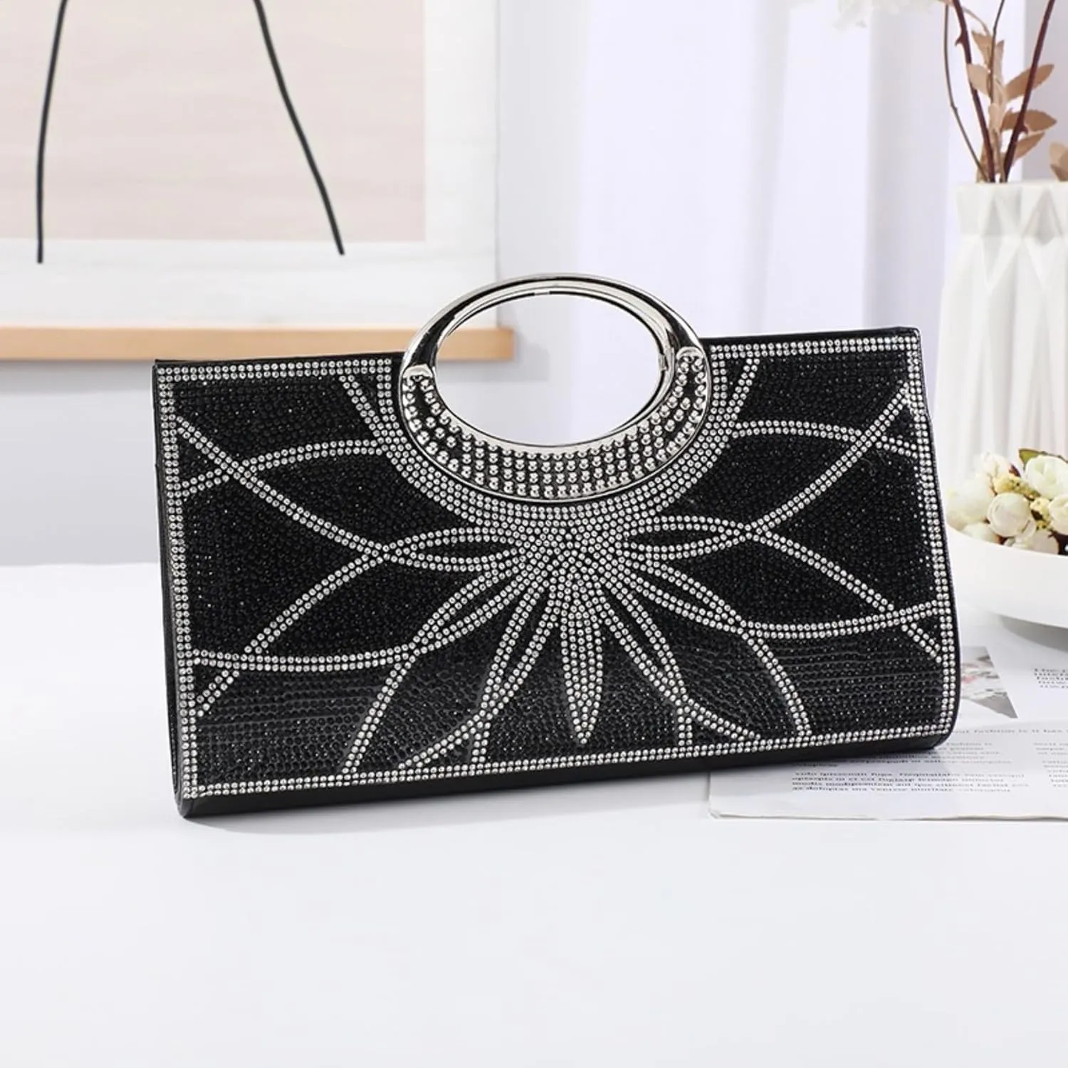 Women's Elegant Crystal Evening Handbag Glitter Top Handle Evening Purse Clutch Wedding Shoulder Bag Small Square Bag