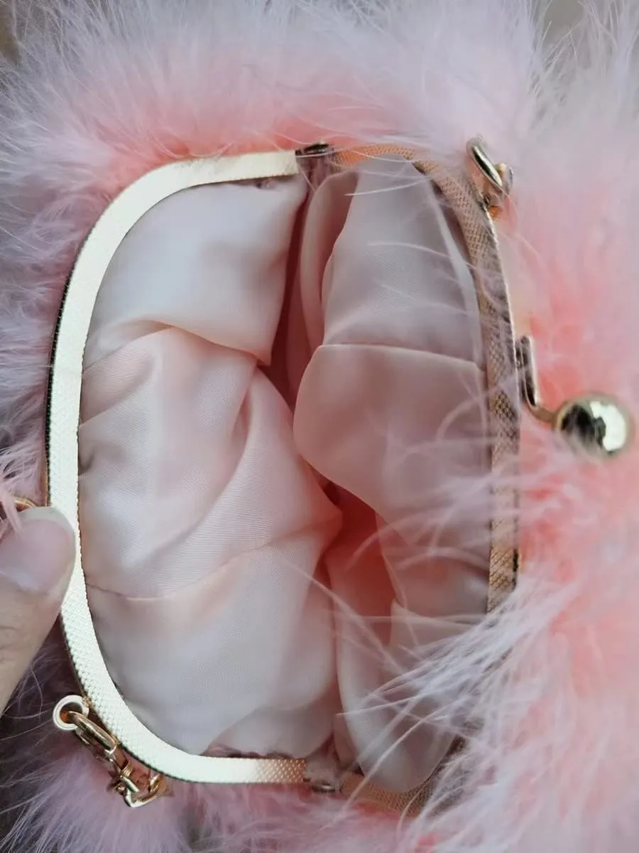 Women's Faux Fluffy Feather Round Clutch Shoulder Bag