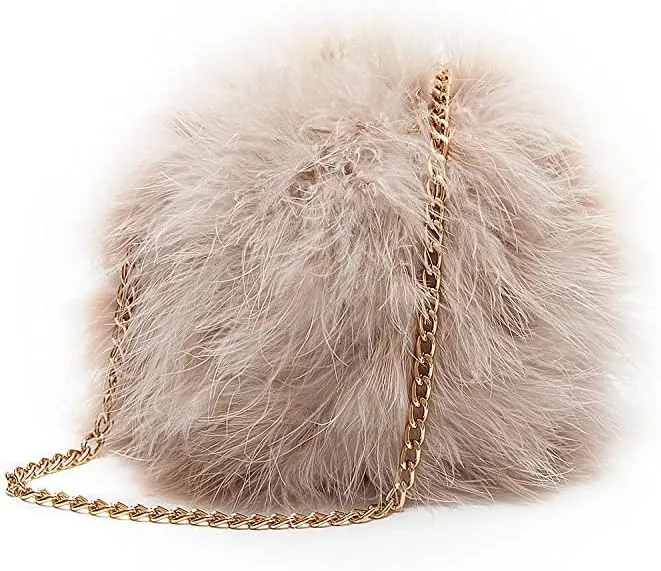 Women's Faux Fluffy Feather Round Clutch Shoulder Bag