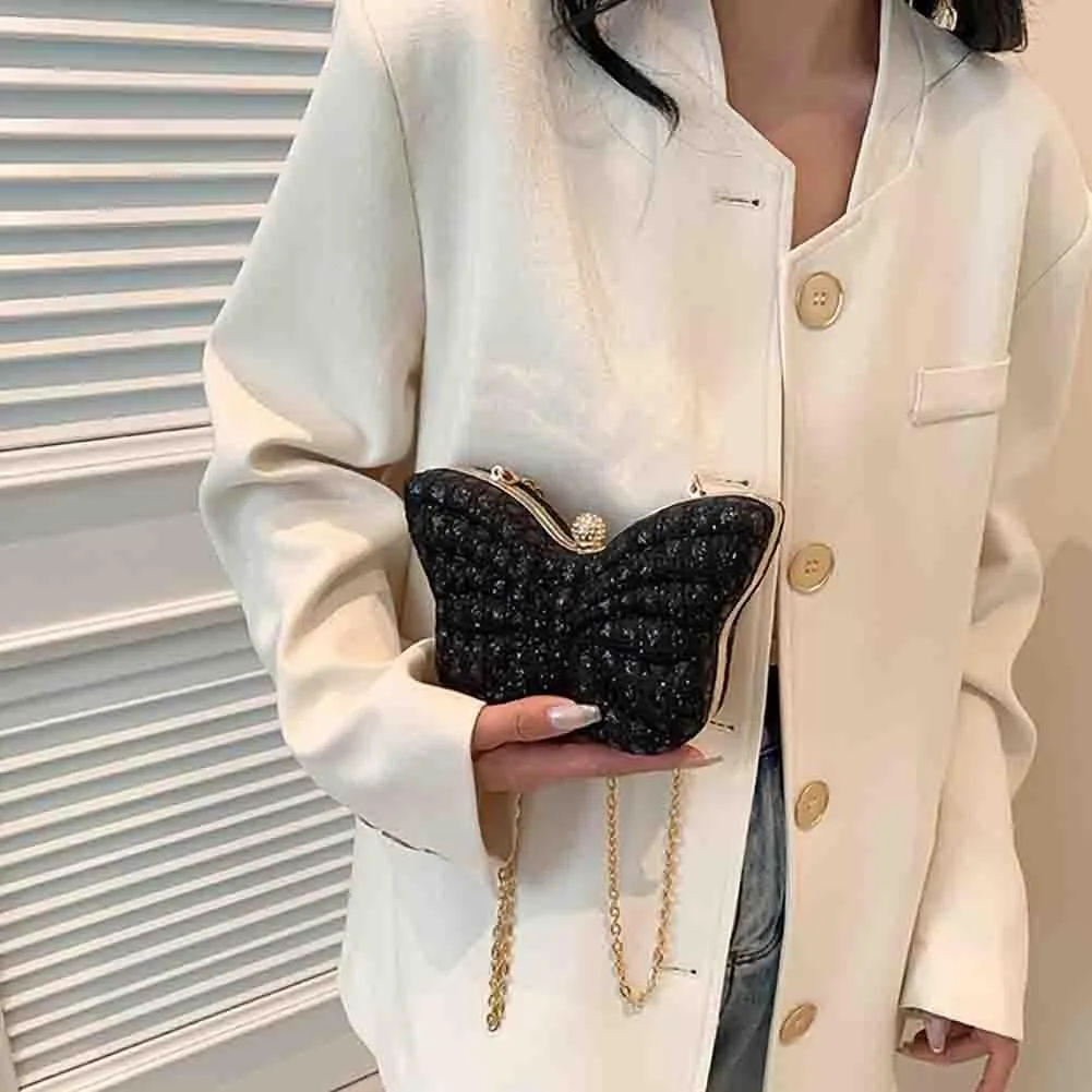 Women's Hollow Butterfly Shoulder Bag, Luxury Glitter Rhinestone Chain Evening Purse, Cute Wedding Party Bridal Prom Handbag