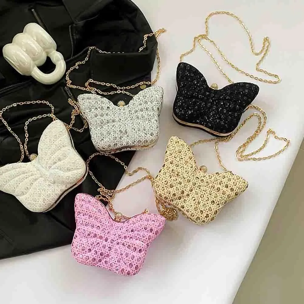 Women's Hollow Butterfly Shoulder Bag, Luxury Glitter Rhinestone Chain Evening Purse, Cute Wedding Party Bridal Prom Handbag