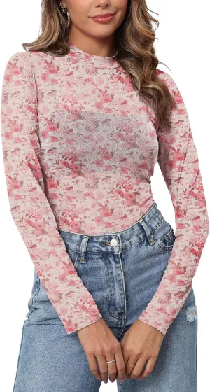Womens Mesh Floral Long Sleeve Tops Lace Undershirt Mock Neck Going Out Sheer Blouses 2025 Trendy