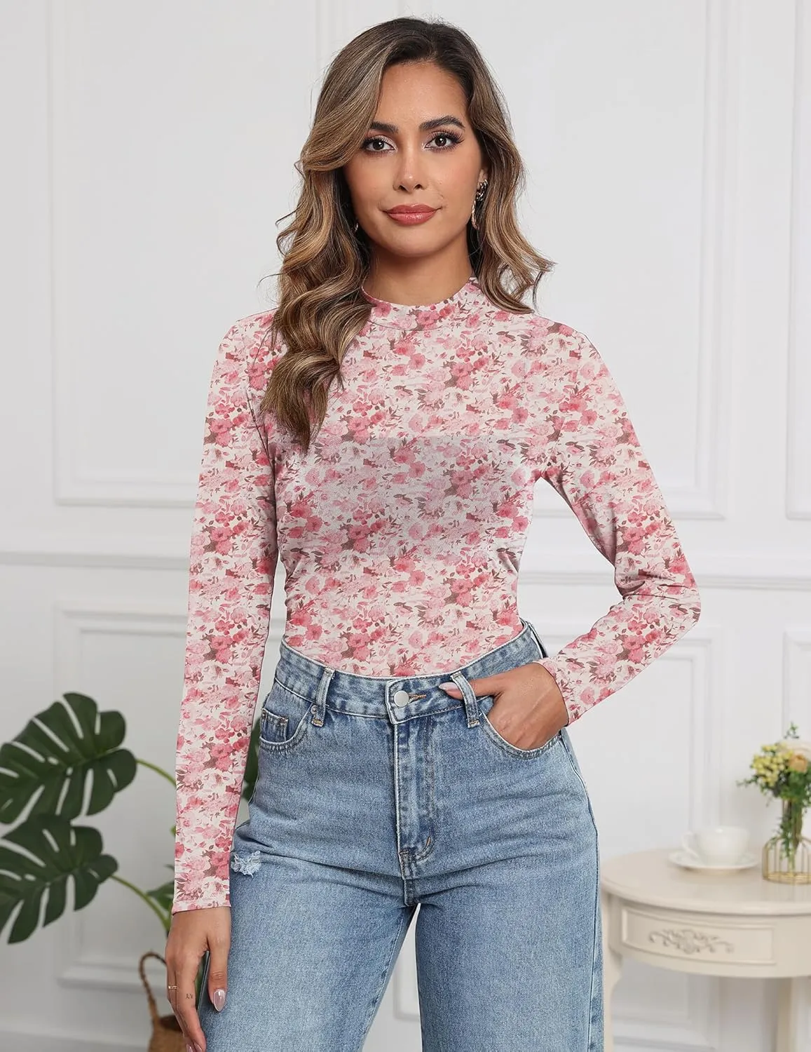 Womens Mesh Floral Long Sleeve Tops Lace Undershirt Mock Neck Going Out Sheer Blouses 2025 Trendy