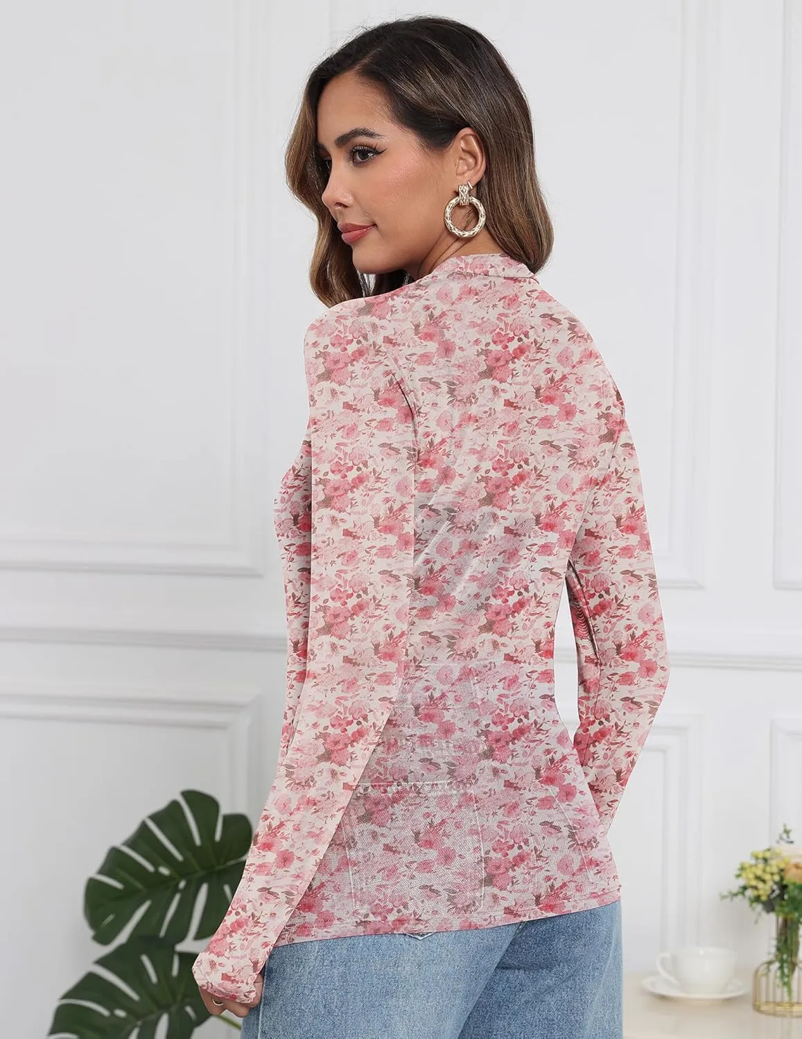 Womens Mesh Floral Long Sleeve Tops Lace Undershirt Mock Neck Going Out Sheer Blouses 2025 Trendy