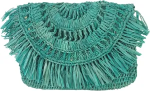Women's Mia Crochet Raffia Fringe Small Clutch, Turquoise