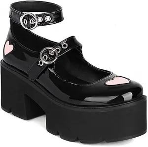 Women's Platform Mary Janes Heart Cat Buckle Rivets Ankle Lolita Gothic Princess Platform Pumps Patent Leather Thorn Vintage Traditional Embroidery Upper Dress Shoes
