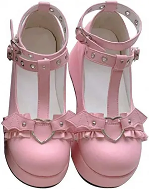 Women's Platform Mary Janes Heart Cat Buckle Rivets Ankle Lolita Gothic Princess Platform Pumps Patent Leather Thorn Vintage Traditional Embroidery Upper Dress Shoes