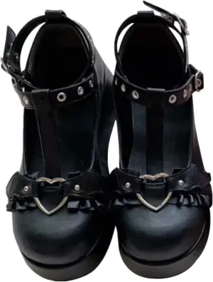 Women's Platform Mary Janes Heart Cat Buckle Rivets Ankle Lolita Gothic Princess Platform Pumps Patent Leather Thorn Vintage Traditional Embroidery Upper Dress Shoes
