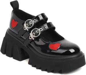 Women's Platform Mary Janes Heart Cat Buckle Rivets Ankle Lolita Gothic Princess Platform Pumps Patent Leather Thorn Vintage Traditional Embroidery Upper Dress Shoes