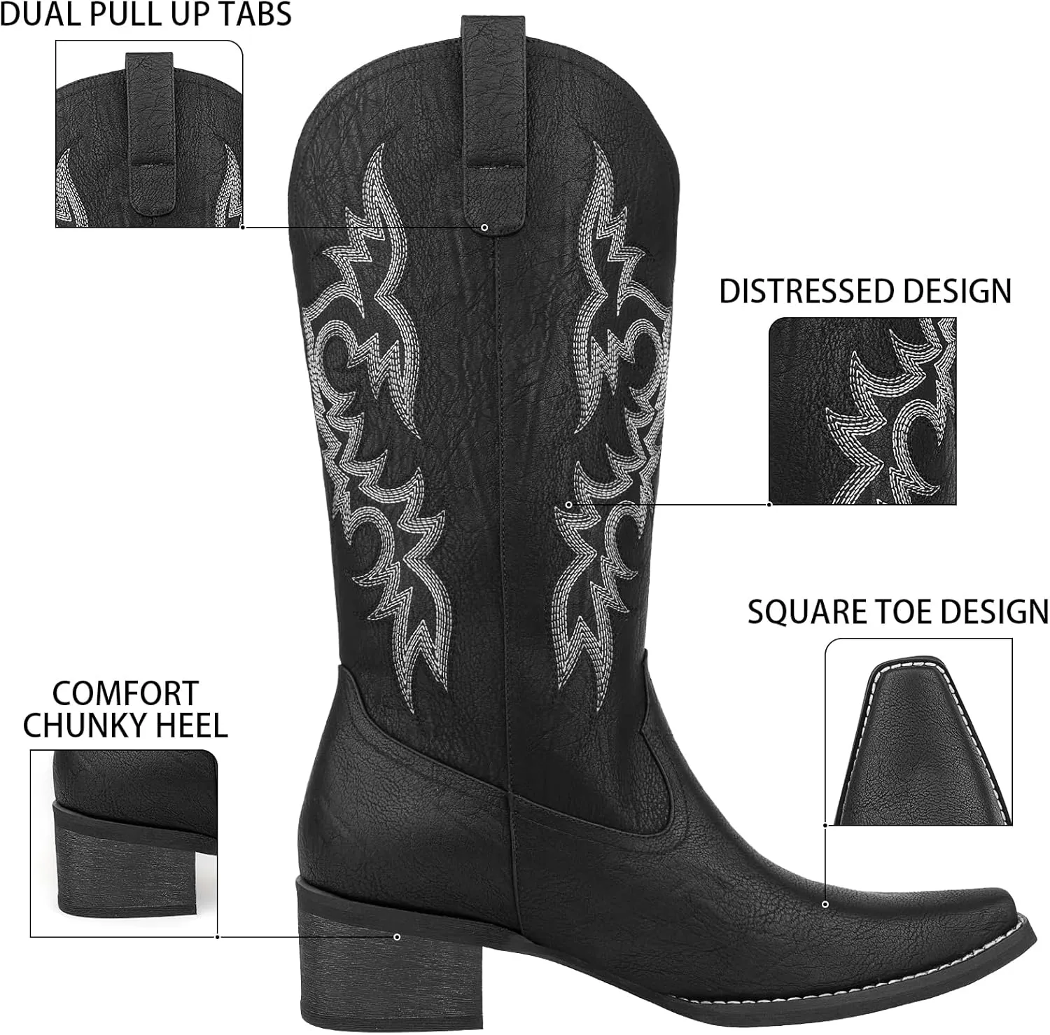 Women's Square Toe Cowboy Cowgirl Boots Embroidered Mid Calf Chunky Heel Western Boots