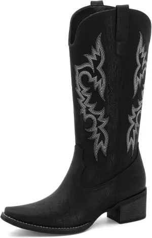 Women's Square Toe Cowboy Cowgirl Boots Embroidered Mid Calf Chunky Heel Western Boots