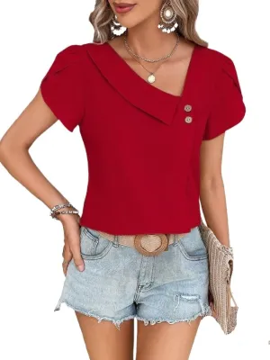 Womens Summer Tops Casual Blouses Asymmetrical Neck Solid Color Short Sleeve Shirt