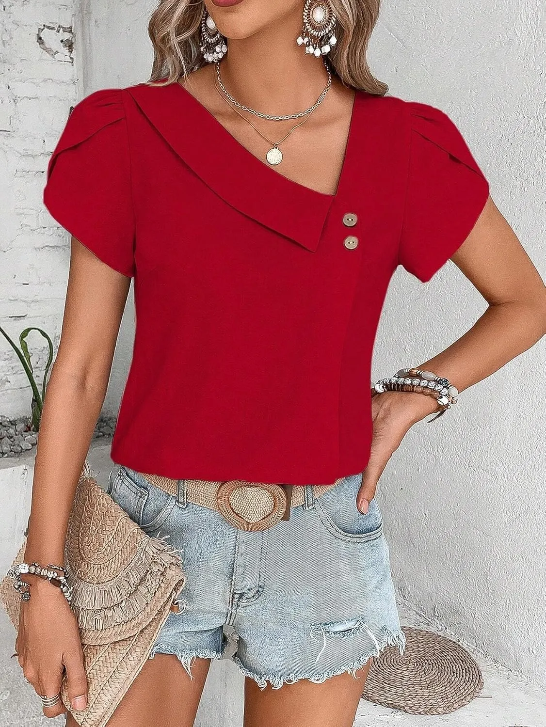 Womens Summer Tops Casual Blouses Asymmetrical Neck Solid Color Short Sleeve Shirt
