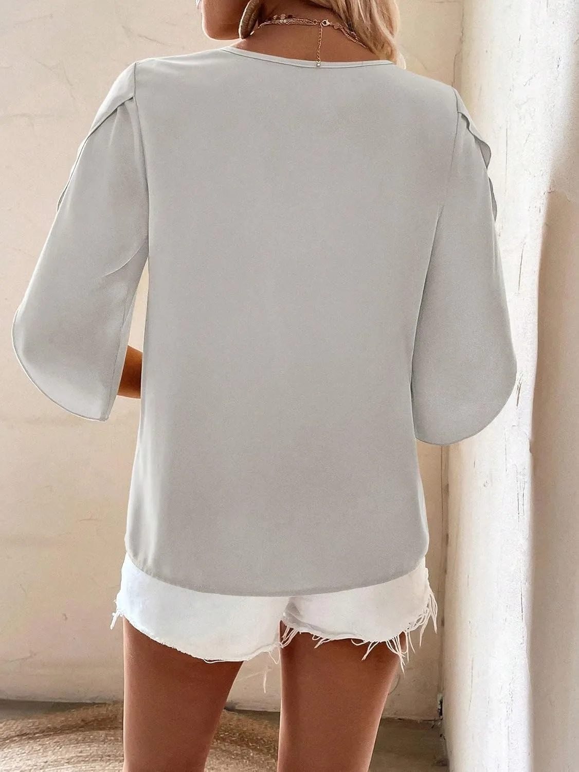 Womens Summer Tops Casual Blouses Solid Color Asymmetrical Collar Short Sleeve Blouse
