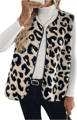 Women's Y2k Leopard Print Vest Top Button Down Sleeveless Jacket Outerwear