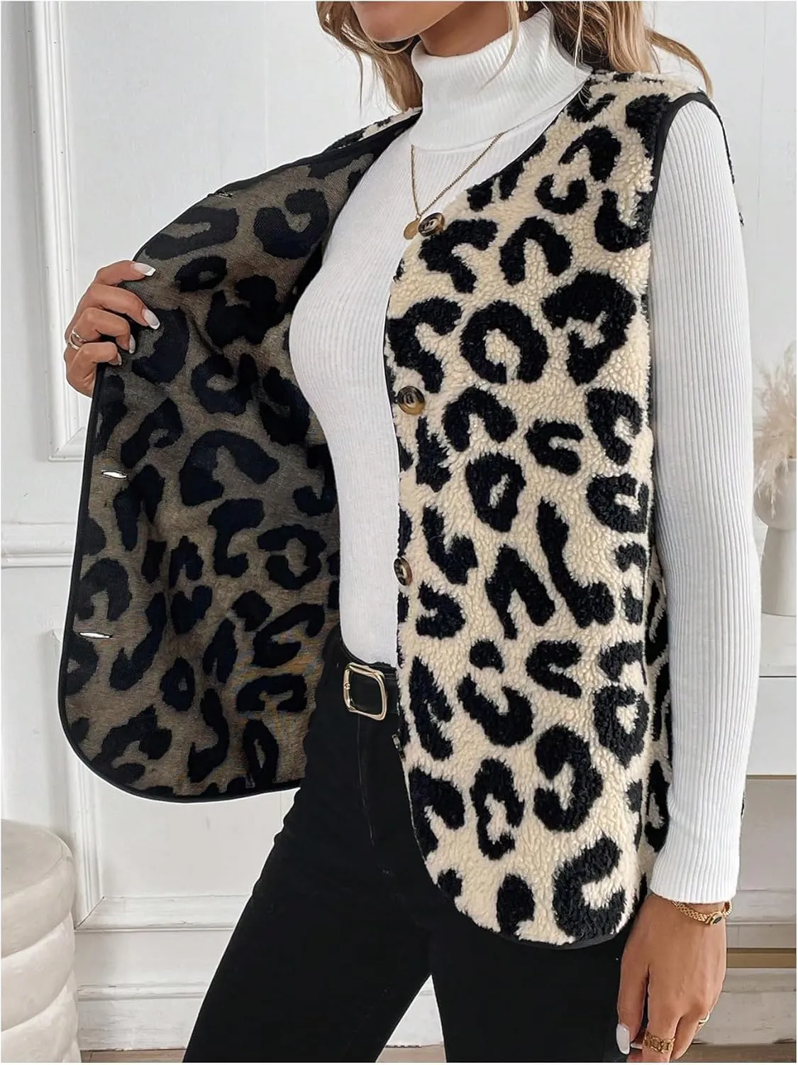 Women's Y2k Leopard Print Vest Top Button Down Sleeveless Jacket Outerwear