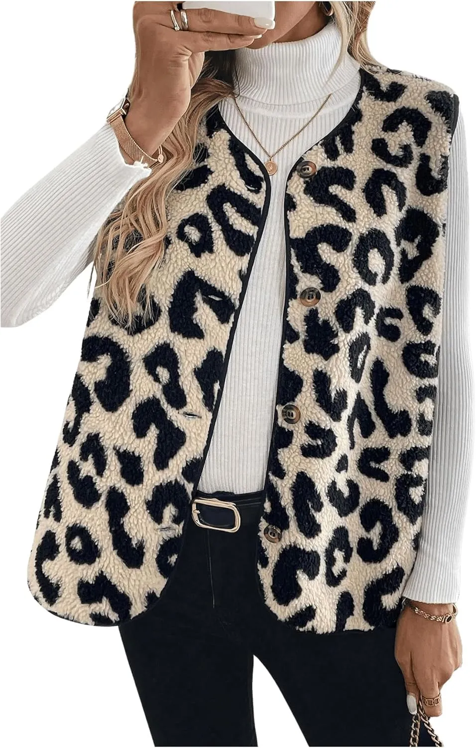 Women's Y2k Leopard Print Vest Top Button Down Sleeveless Jacket Outerwear