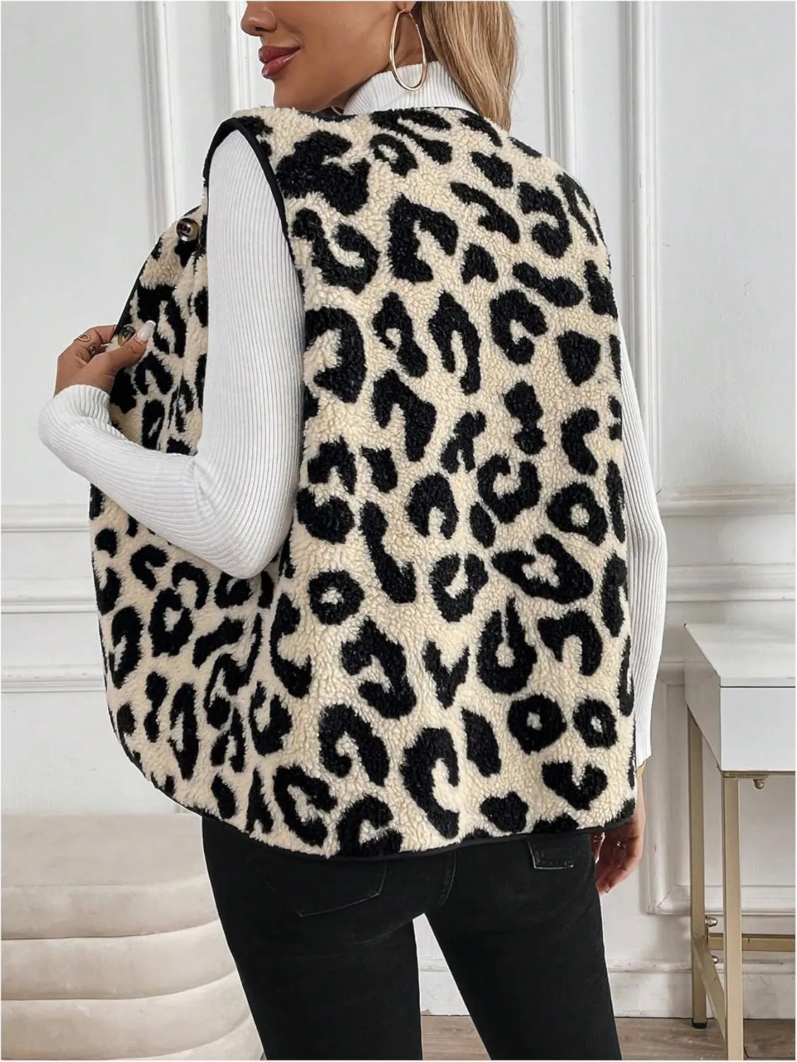 Women's Y2k Leopard Print Vest Top Button Down Sleeveless Jacket Outerwear